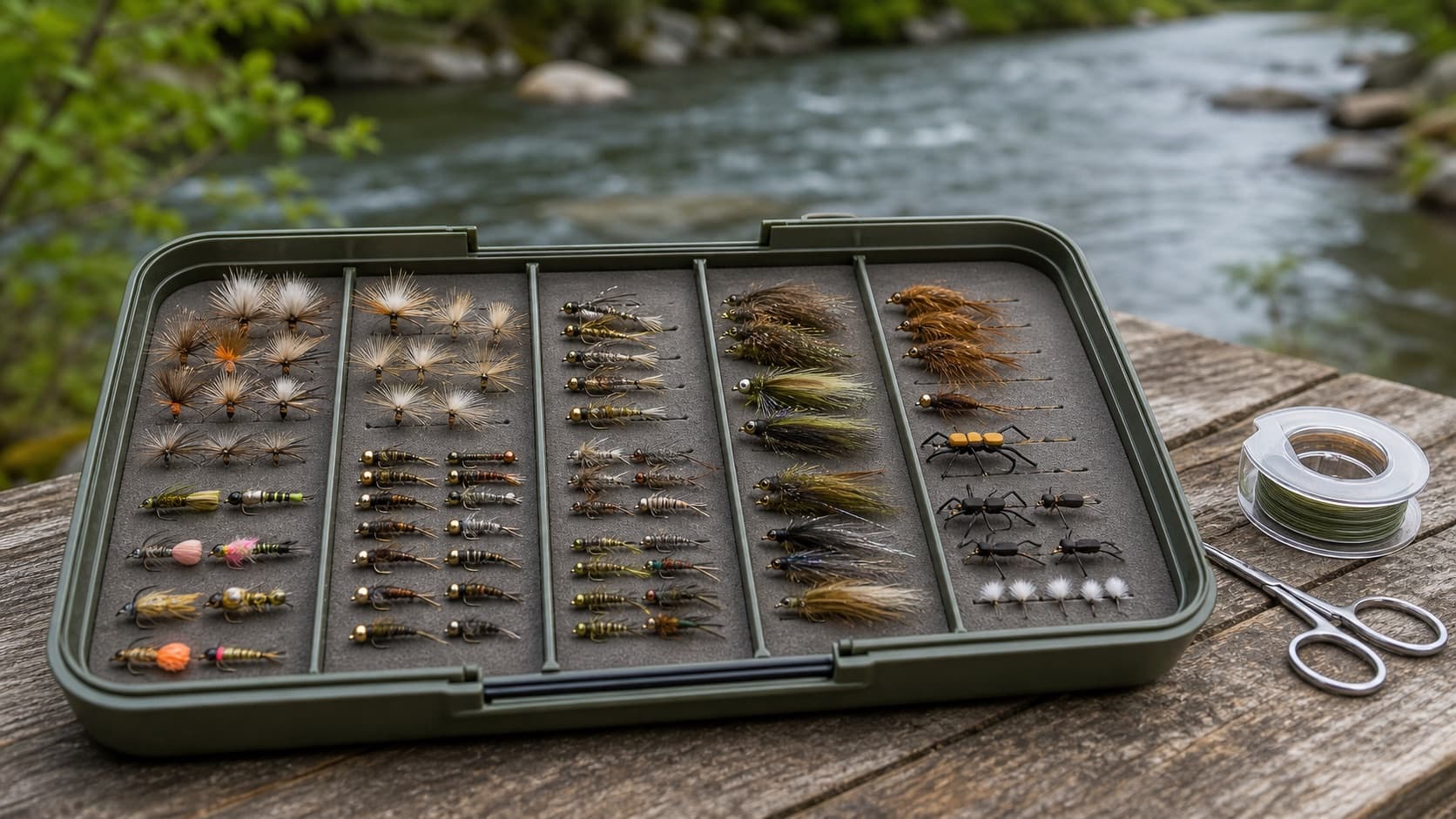 Open trout fly box with dry flies, nymphs, streamers, terrestrials, and leader tools beside a stream