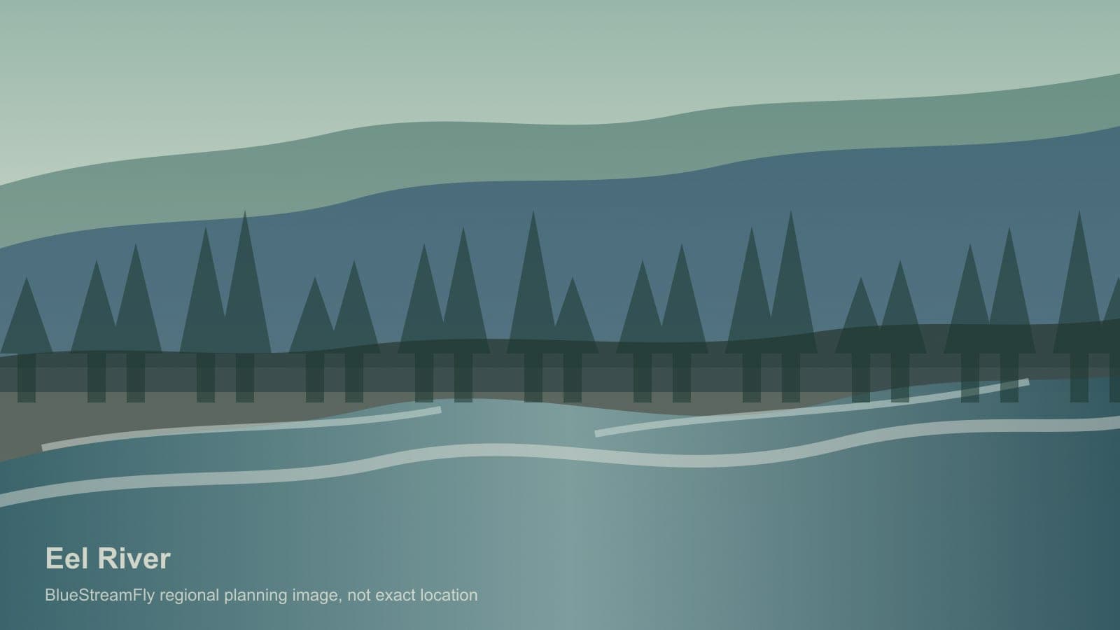 Generated regional North Coast California river scene for Eel River planning; not an exact location photo