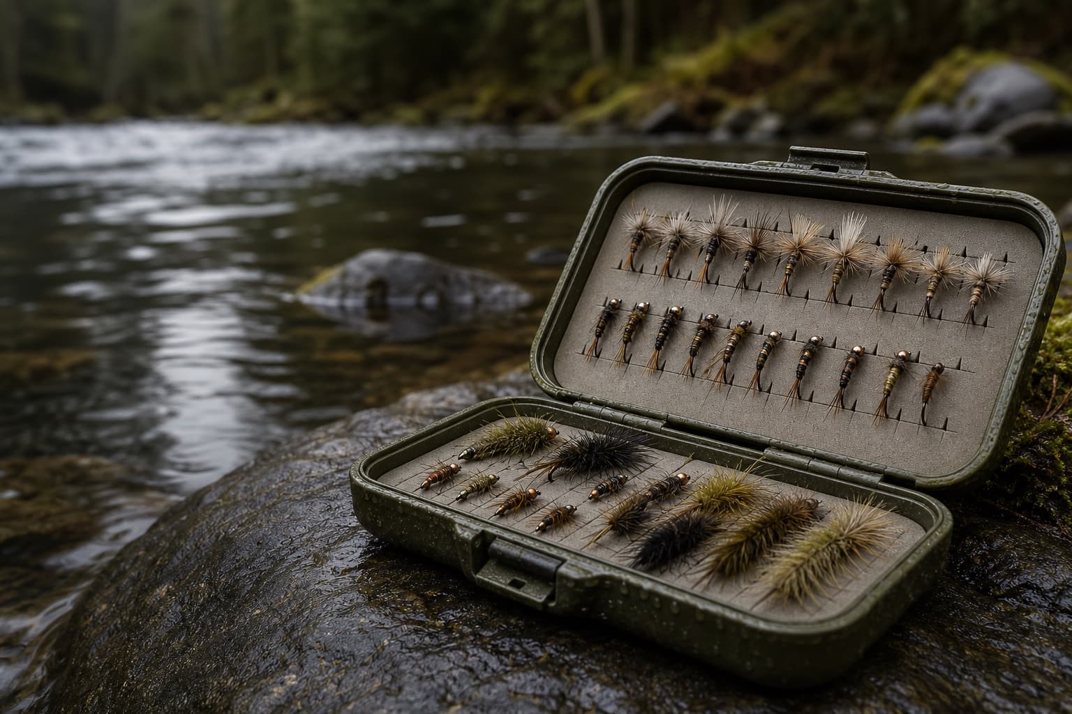 Open olive-green fly box with dry flies, nymphs, and streamers beside flowing water