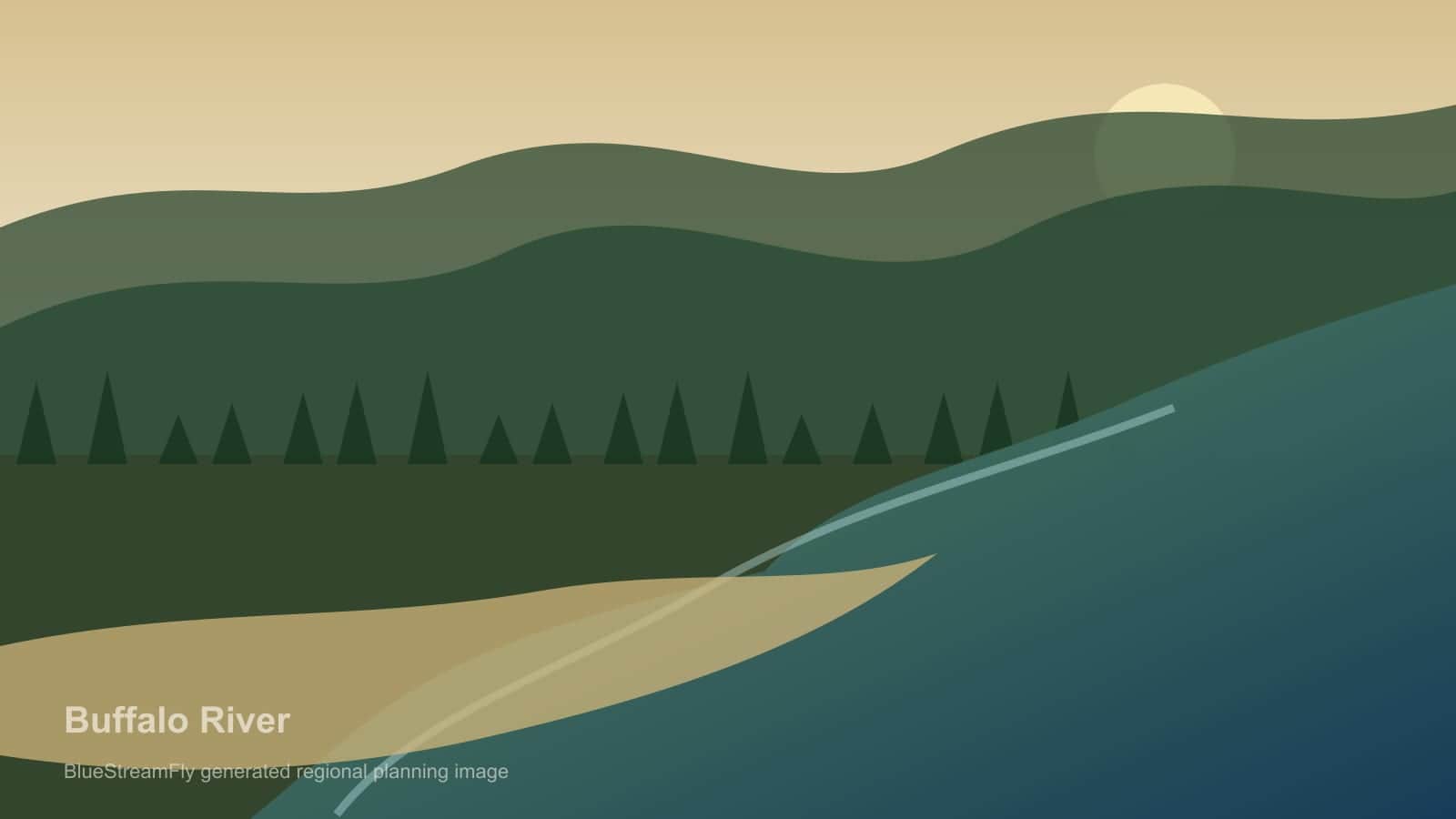 Generated Ozark bluff river scene for Buffalo River fly fishing planning; not an exact location photo