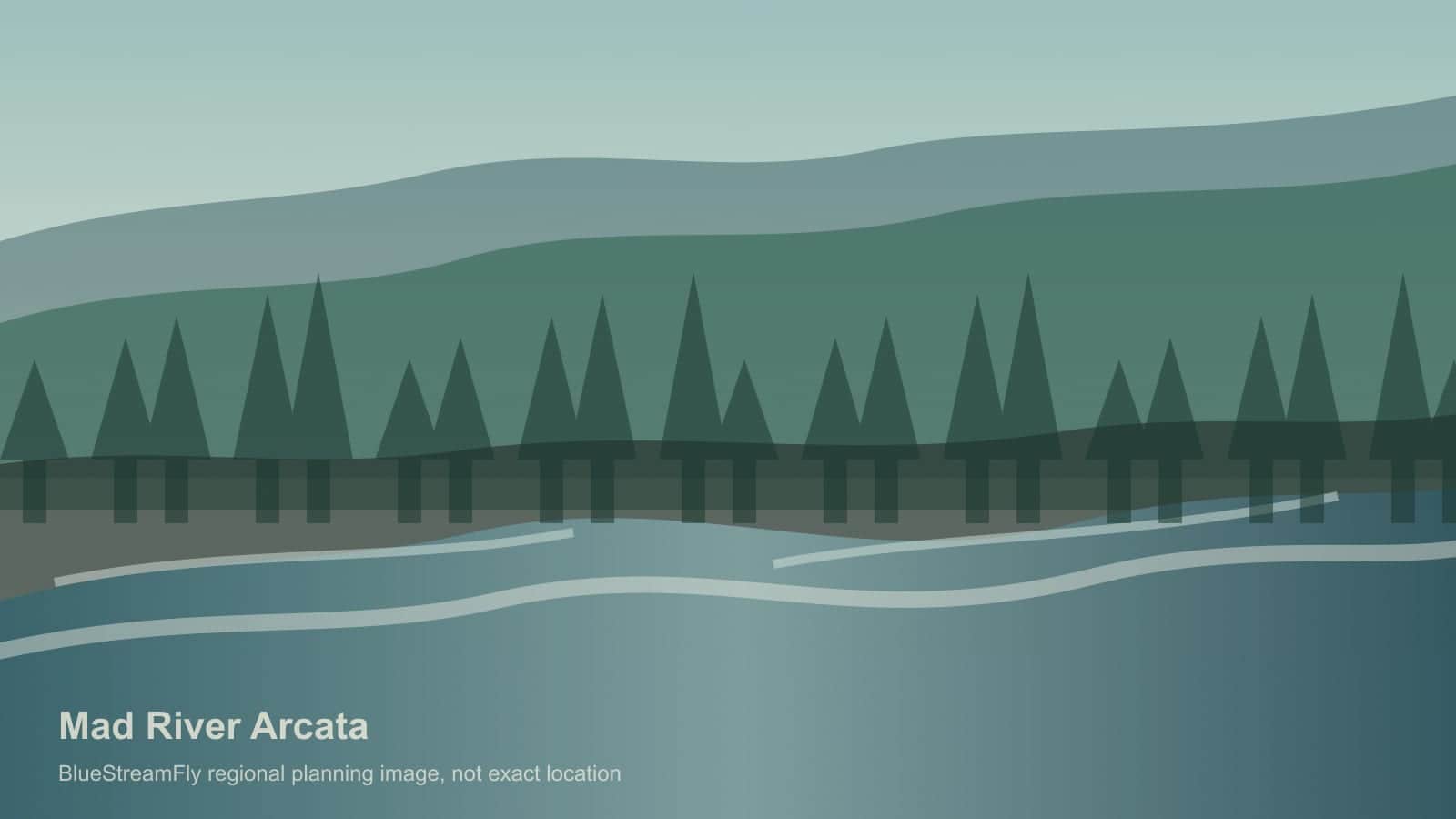 Generated regional lower Mad River coastal scene for Arcata planning; not an exact location photo