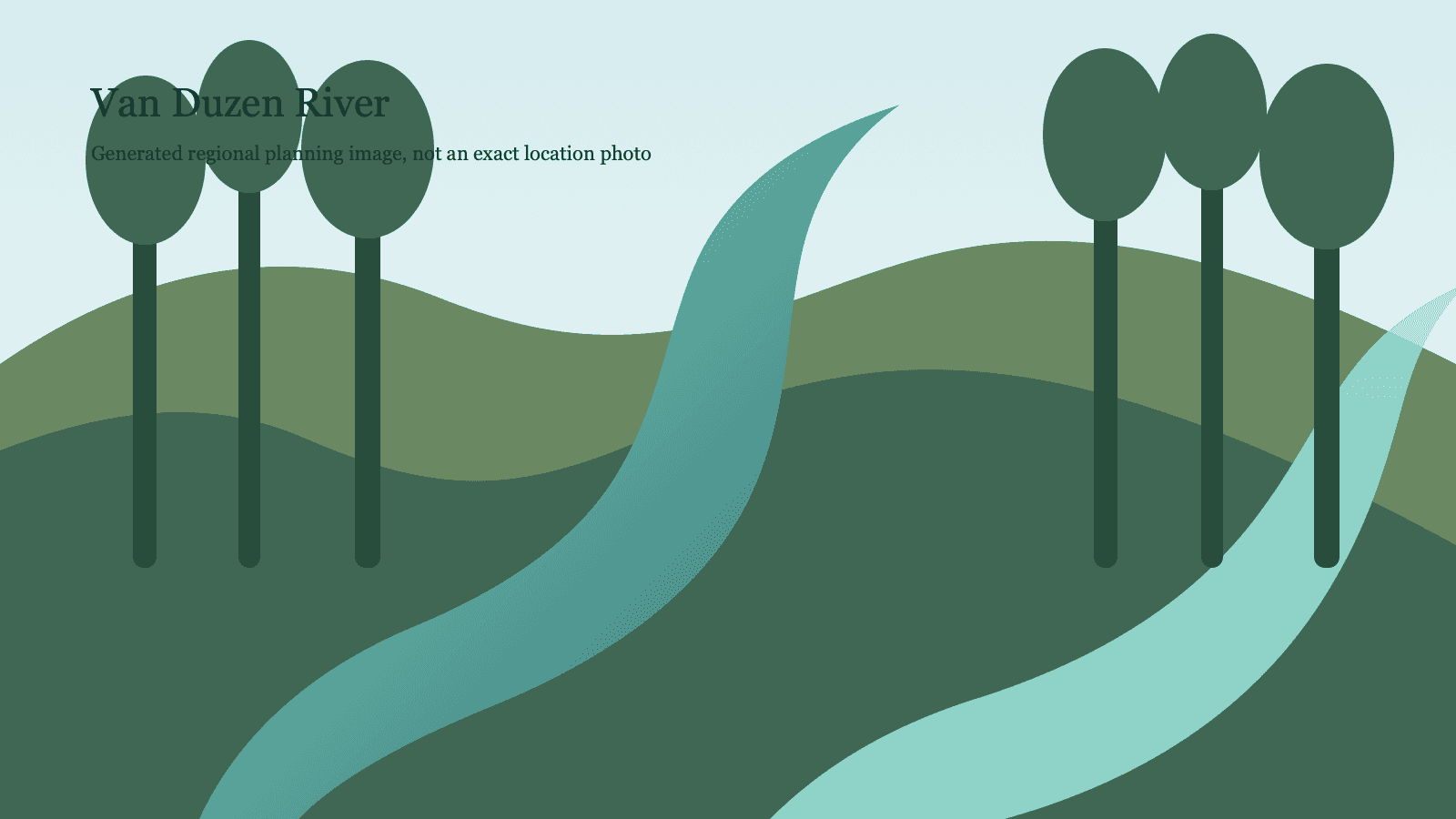 Generated redwood river scene representing the Van Duzen River near Bridgeville