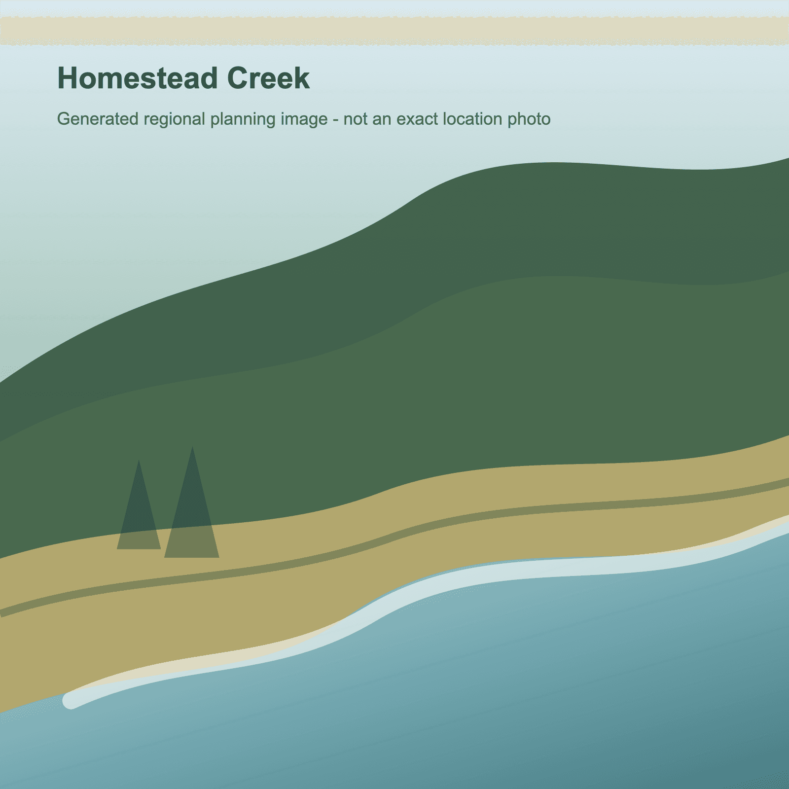 Generated mountain meadow creek scene representing Homestead Creek at Gold Park