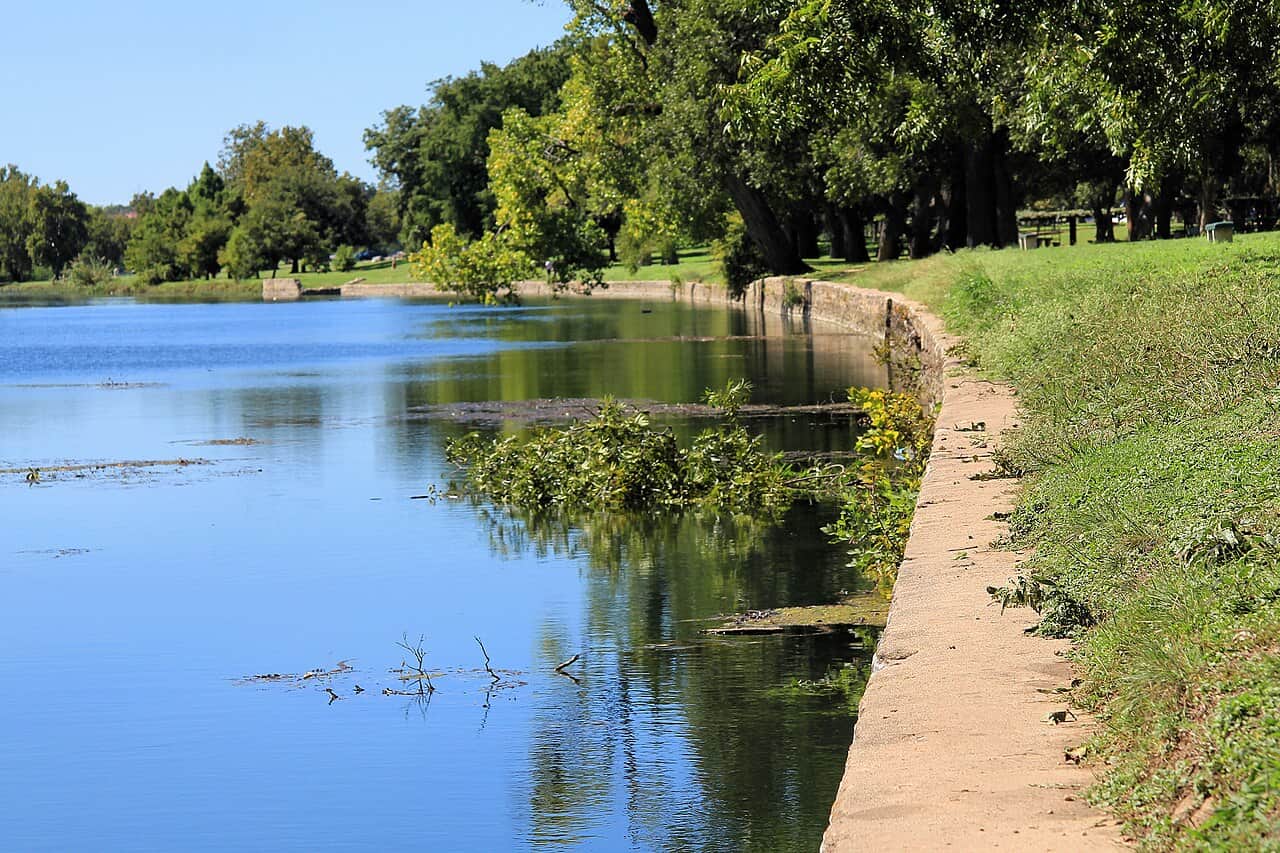 San Gabriel River beside the stone bank at San Gabriel Park in Georgetown, Texas, photographed in October 2014