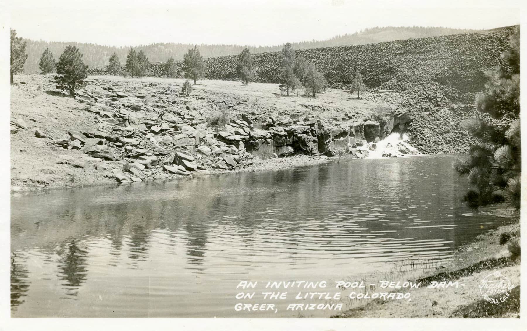 Historical black-and-white photograph of the Little Colorado River at Greer, Arizona, circa 1940