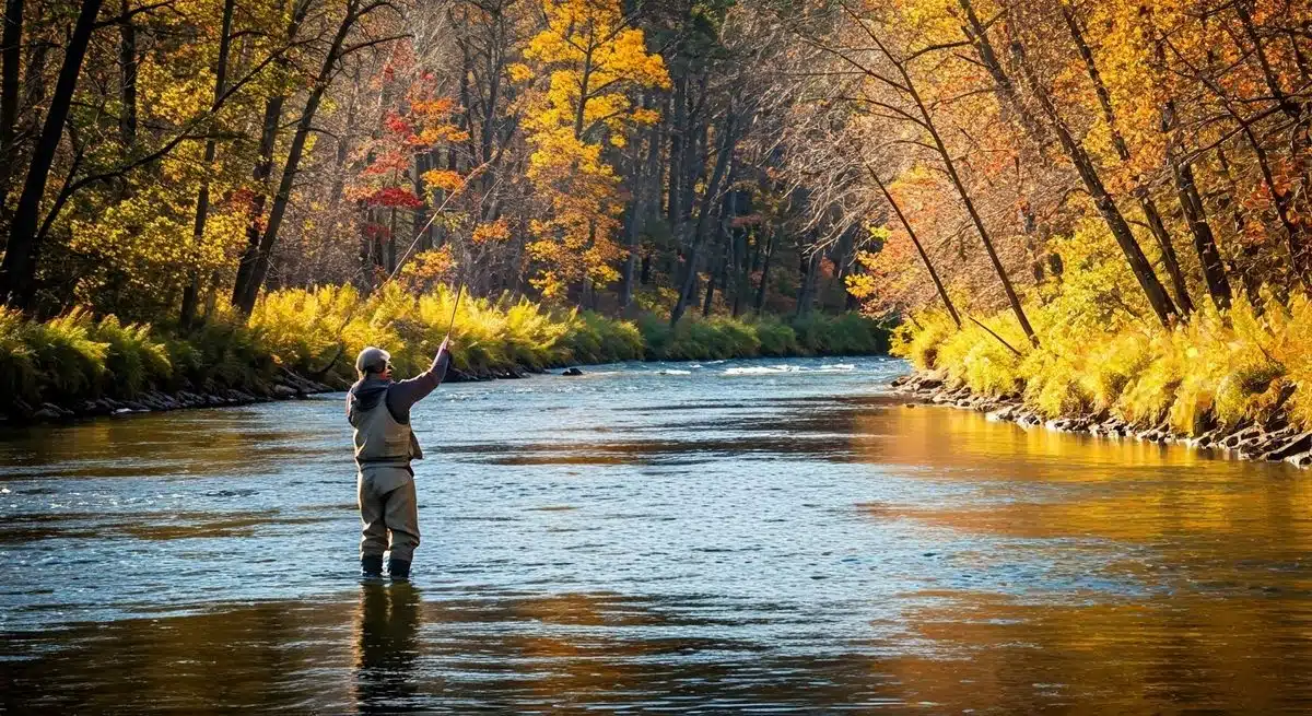 Top 20 Fly Fishing Flies for Trout 10 Tranquil river with fly fisherman.