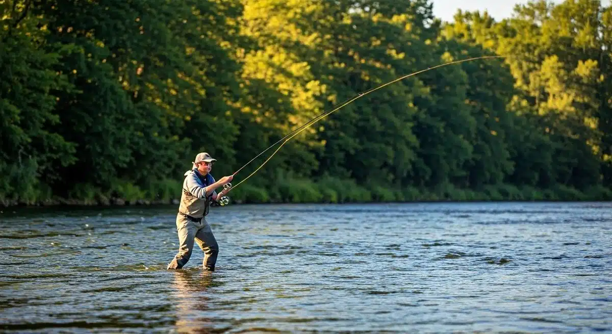 Fly fisher practicing casting on river.