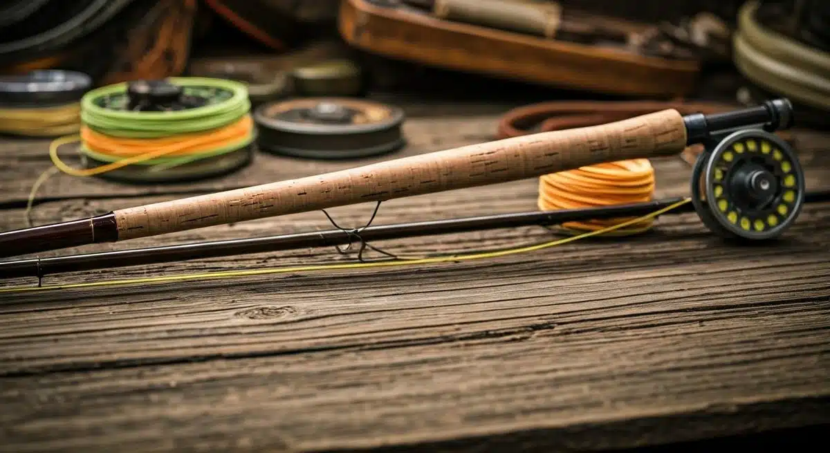 History of Fly Fishing 8 Modern fly fishing gear on a wooden table.